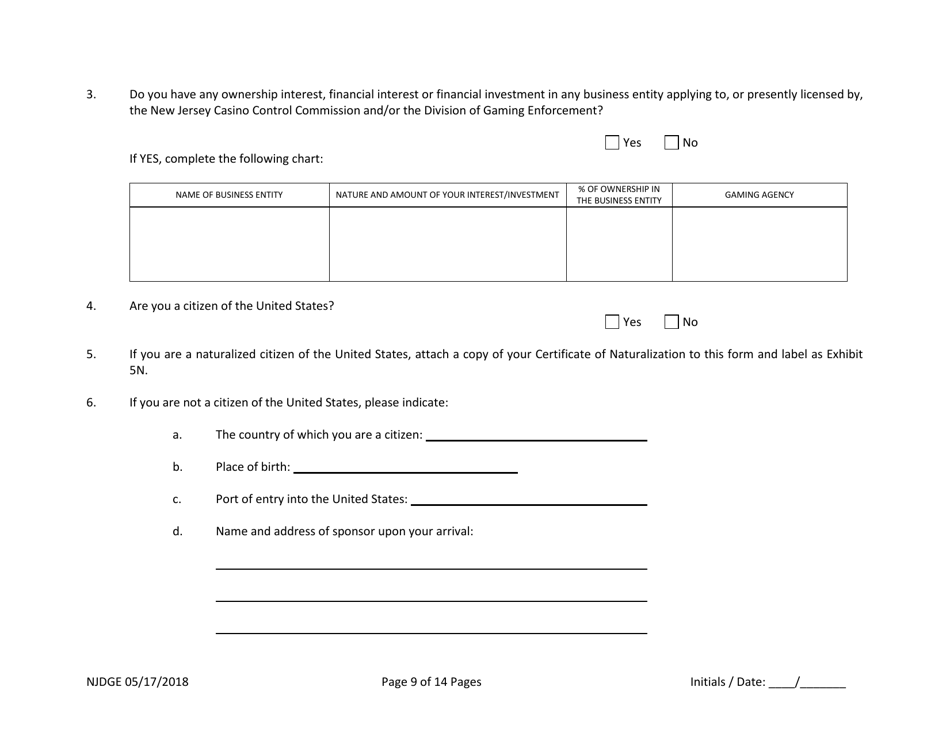 Form 21 New Jersey Supplemental Form to the Multi-Jurisdictional Personal History Disclosure Form - Casino Service Industry Enterprise Qualifiers - New Jersey, Page 10