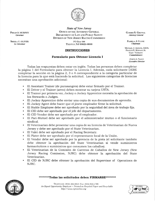 Document preview: Formulario Para Obtener Licencia I - New Jersey (Spanish)