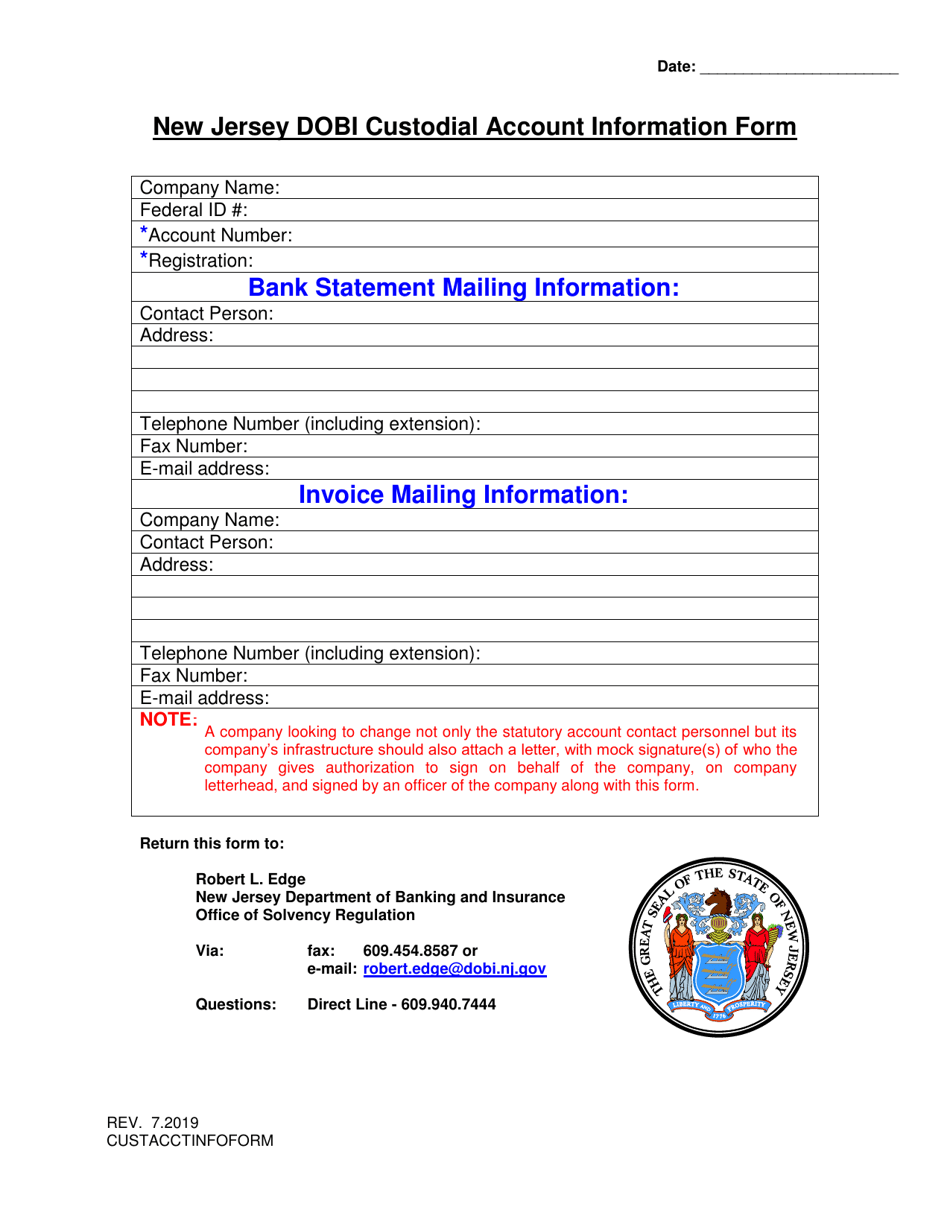 New Jersey Dobi Custodial Account Information Form - New Jersey, Page 1