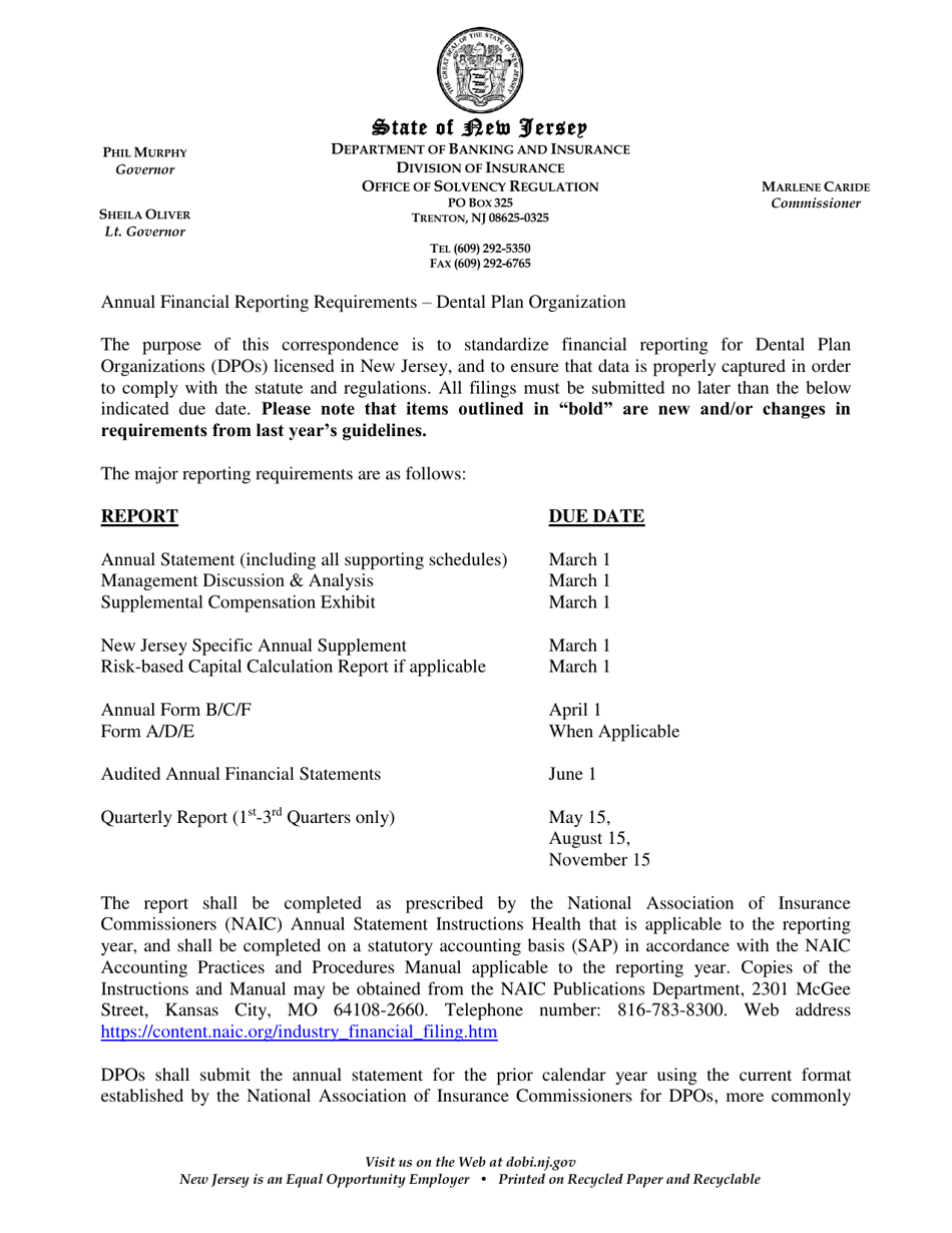 Dpo Annual Report Supplement Form - New Jersey, Page 1