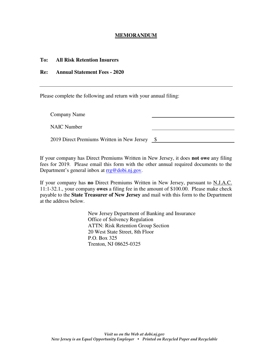 Risk Retention Insurers Annual Statement Fees Memorandum Letter - New Jersey, Page 1