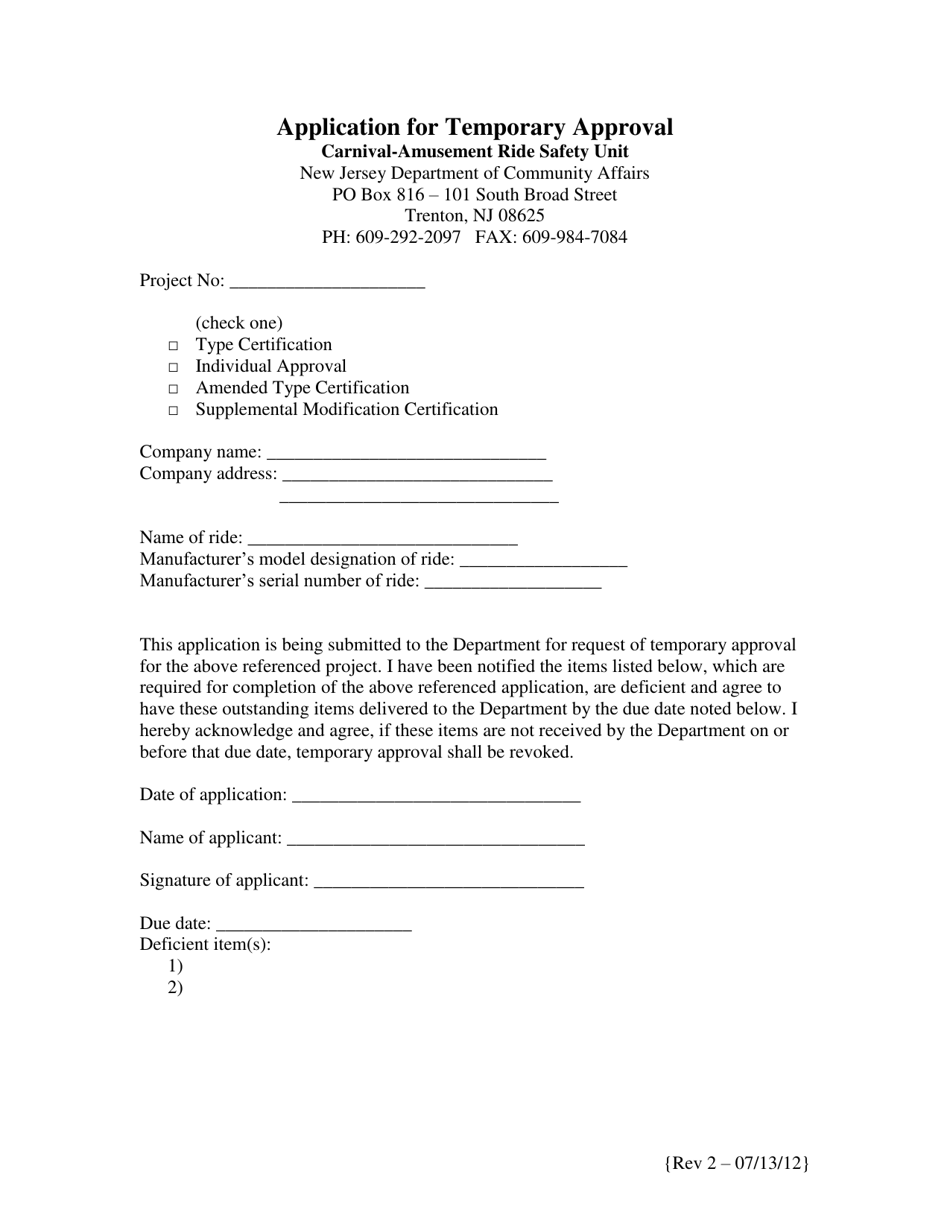 Application for Temporary Approval - New Jersey, Page 1