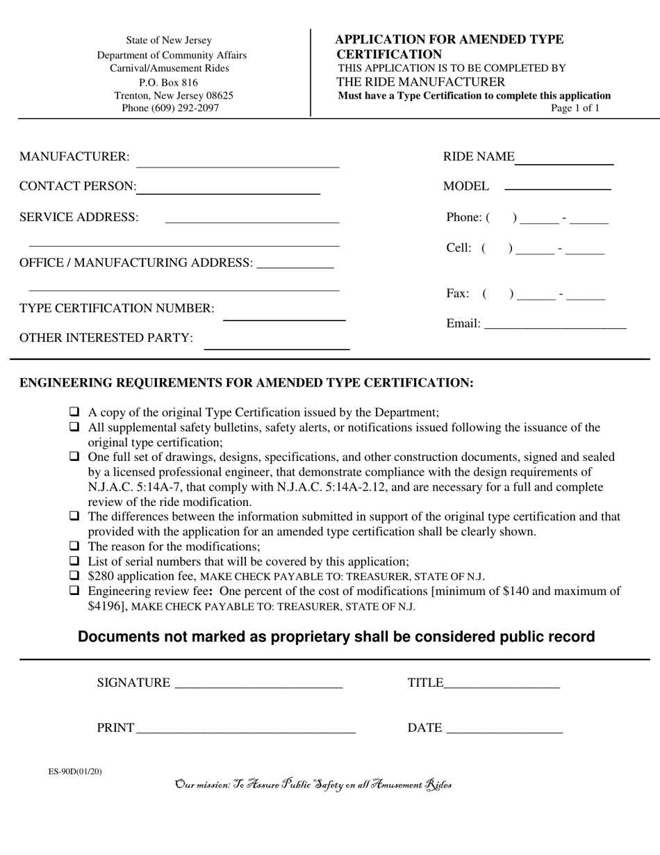 Form ES-90D Application for Amended Type Certification - New Jersey, Page 1
