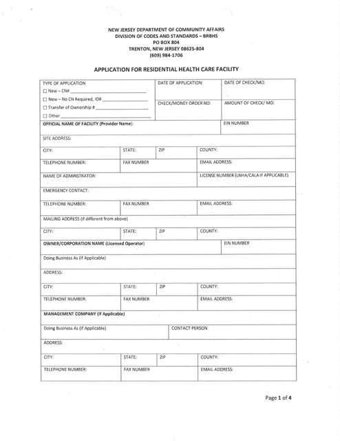 Application for Residential Health Care Facility - New Jersey