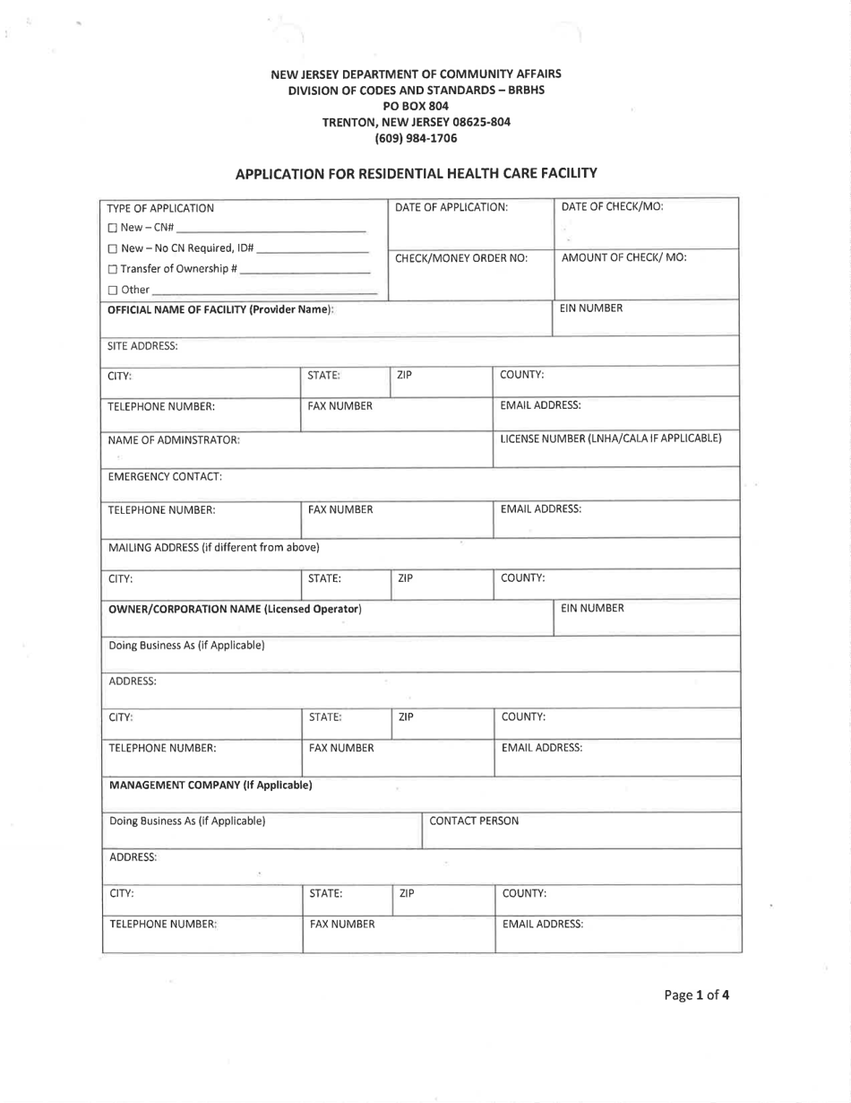 Application for Residential Health Care Facility - New Jersey, Page 1