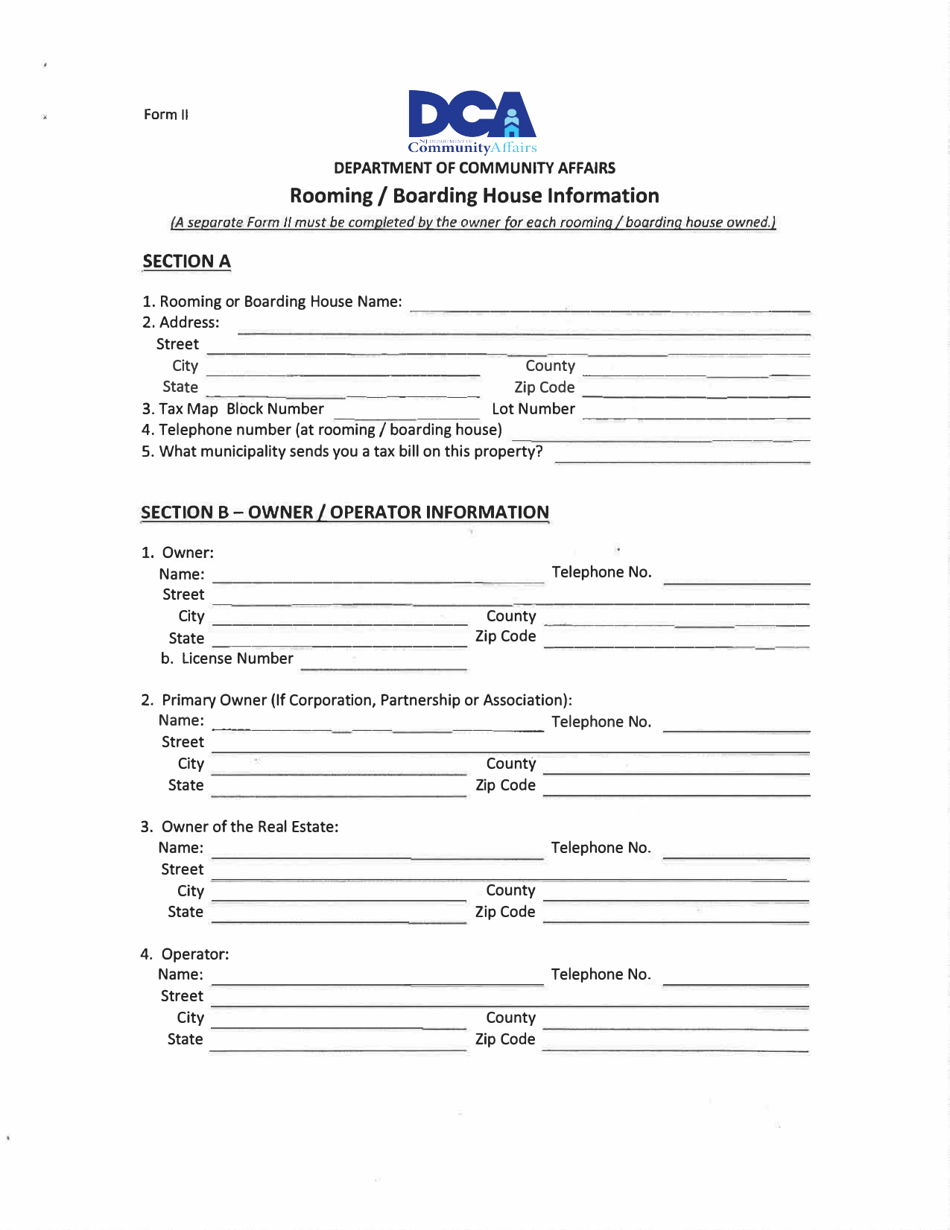 Form II Rooming / Boarding House Information - New Jersey, Page 1