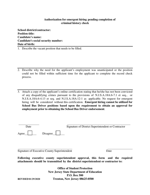 Authorization for Emergent Hiring Pending Completion of Criminal History Check - New Jersey Download Pdf