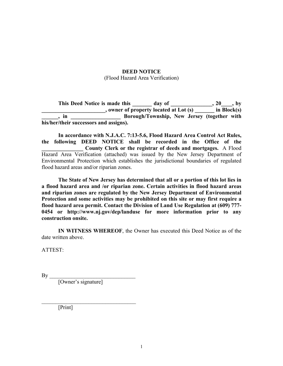 New Jersey Deed Notice (Flood Hazard Area Verification) Fill Out