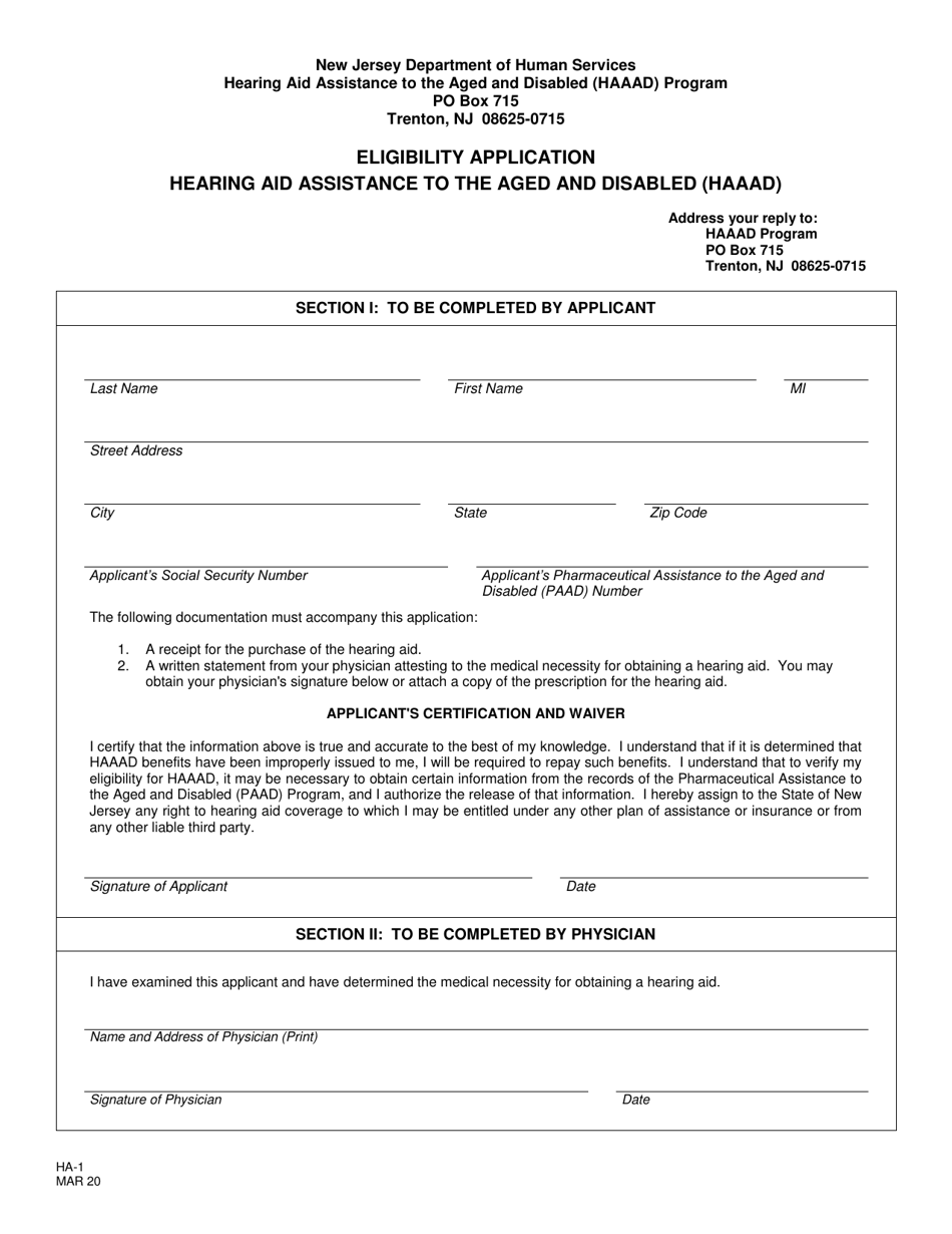 Form HA-1 Eligibility Application, Hearing Aid Assistance for the Aged and Disabled (Haaad) - New Jersey, Page 1