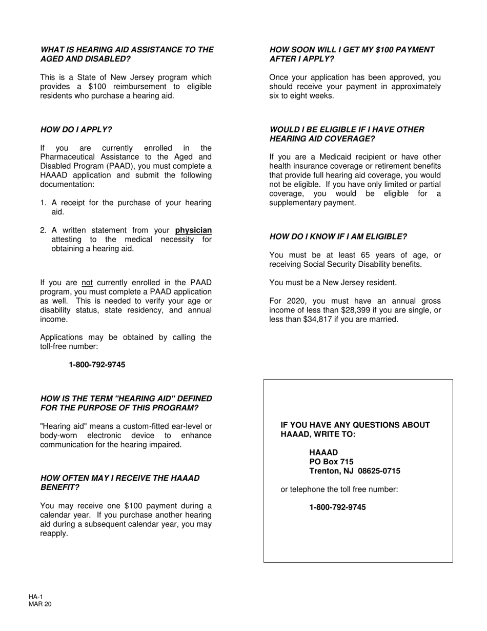 Form HA-1 Eligibility Application, Hearing Aid Assistance for the Aged and Disabled (Haaad) - New Jersey, Page 2