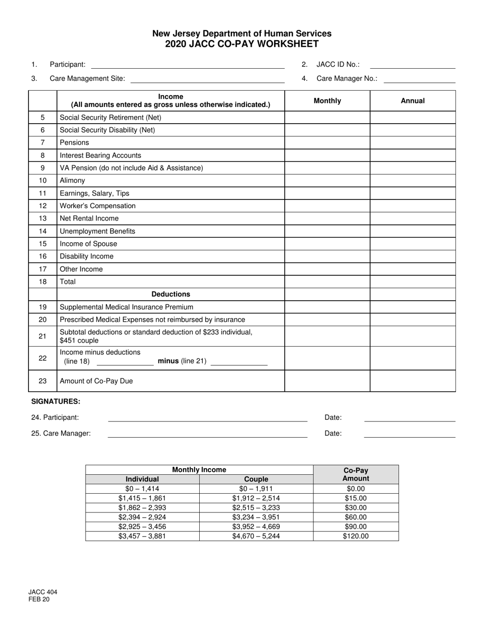 Form JACC-404 Jacc Co-pay Worksheet - New Jersey, Page 1