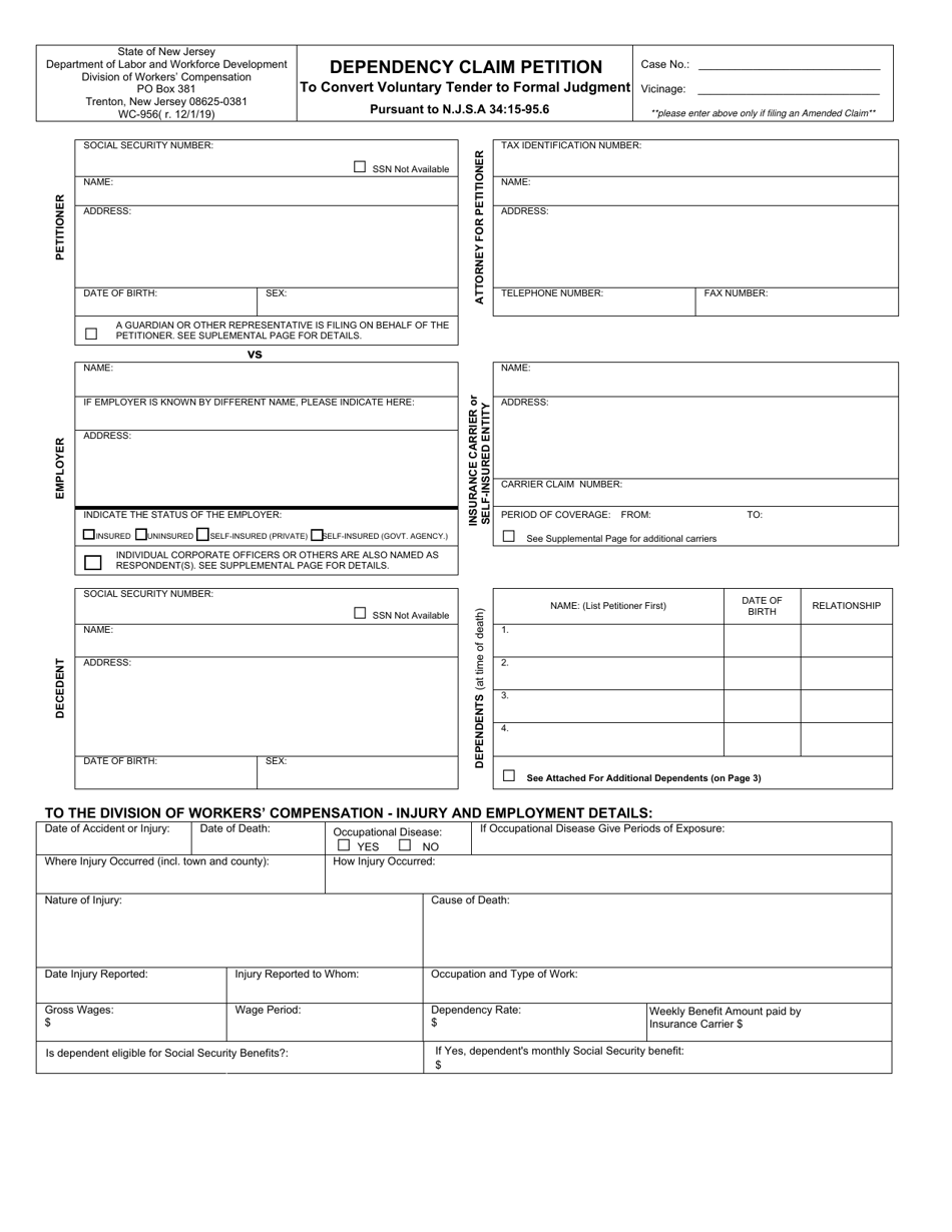 Form WC-956 Dependency Claim Petition to Convert Voluntary Tender to Formal Judgment - New Jersey, Page 1