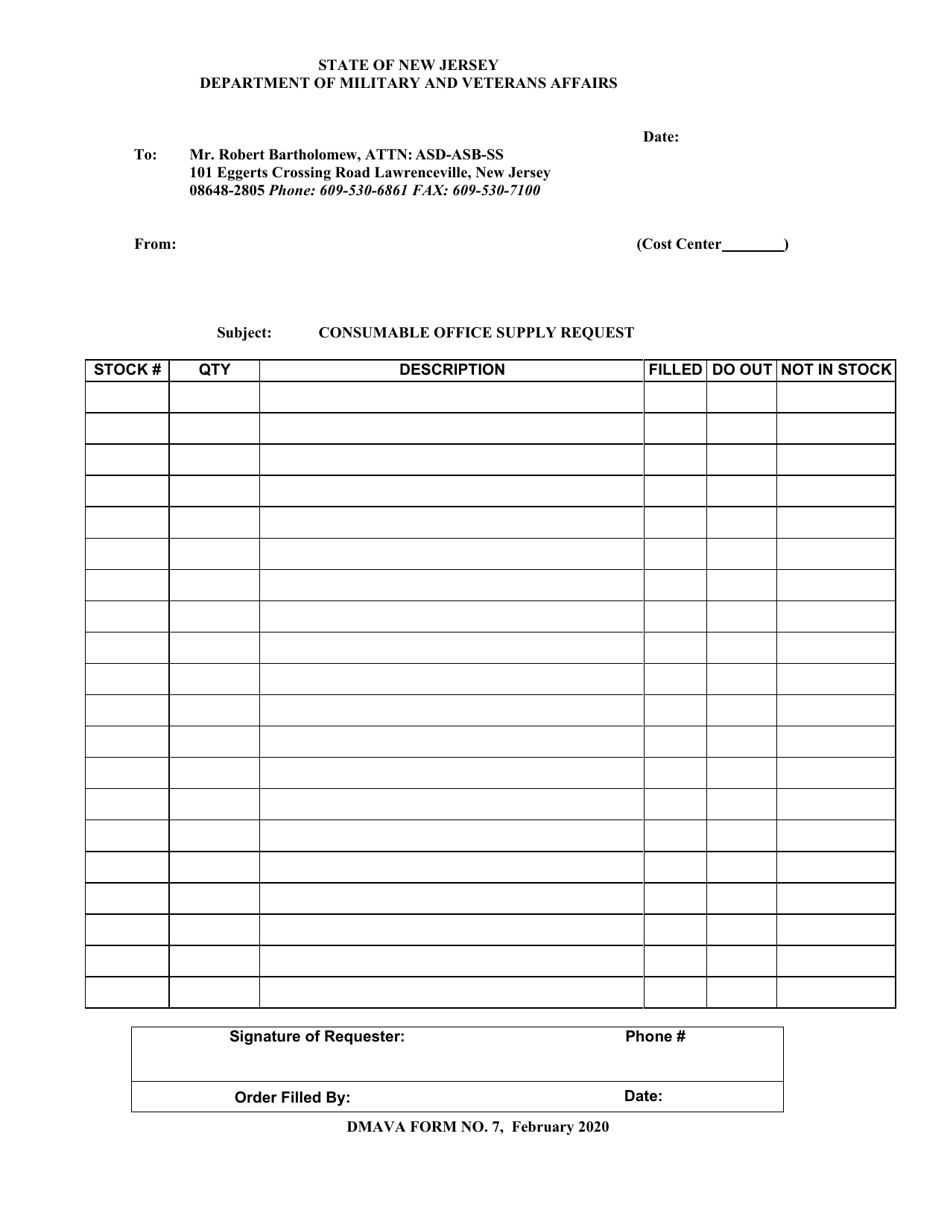 NJDMAVA Form 7 Consumable Office Supply Request - New Jersey, Page 1