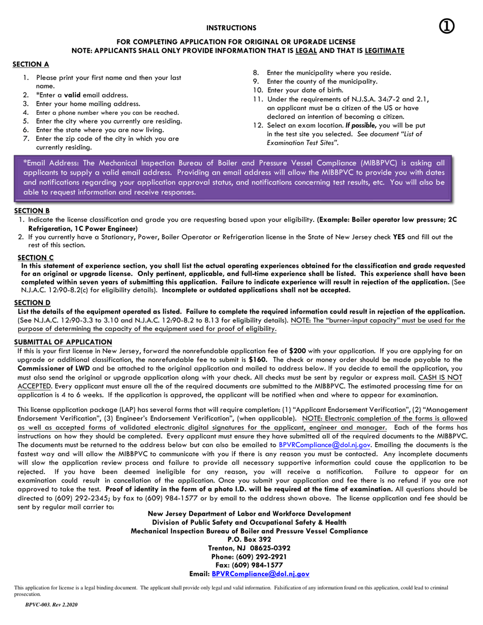 Form BPVC003 Download Printable PDF or Fill Online Application for