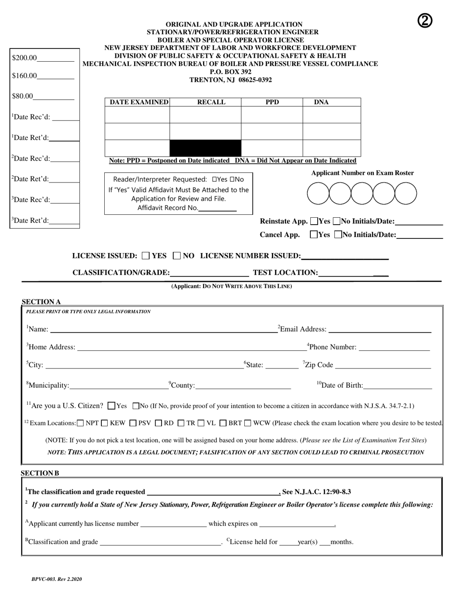 Form BPVC003 Download Printable PDF or Fill Online Application for