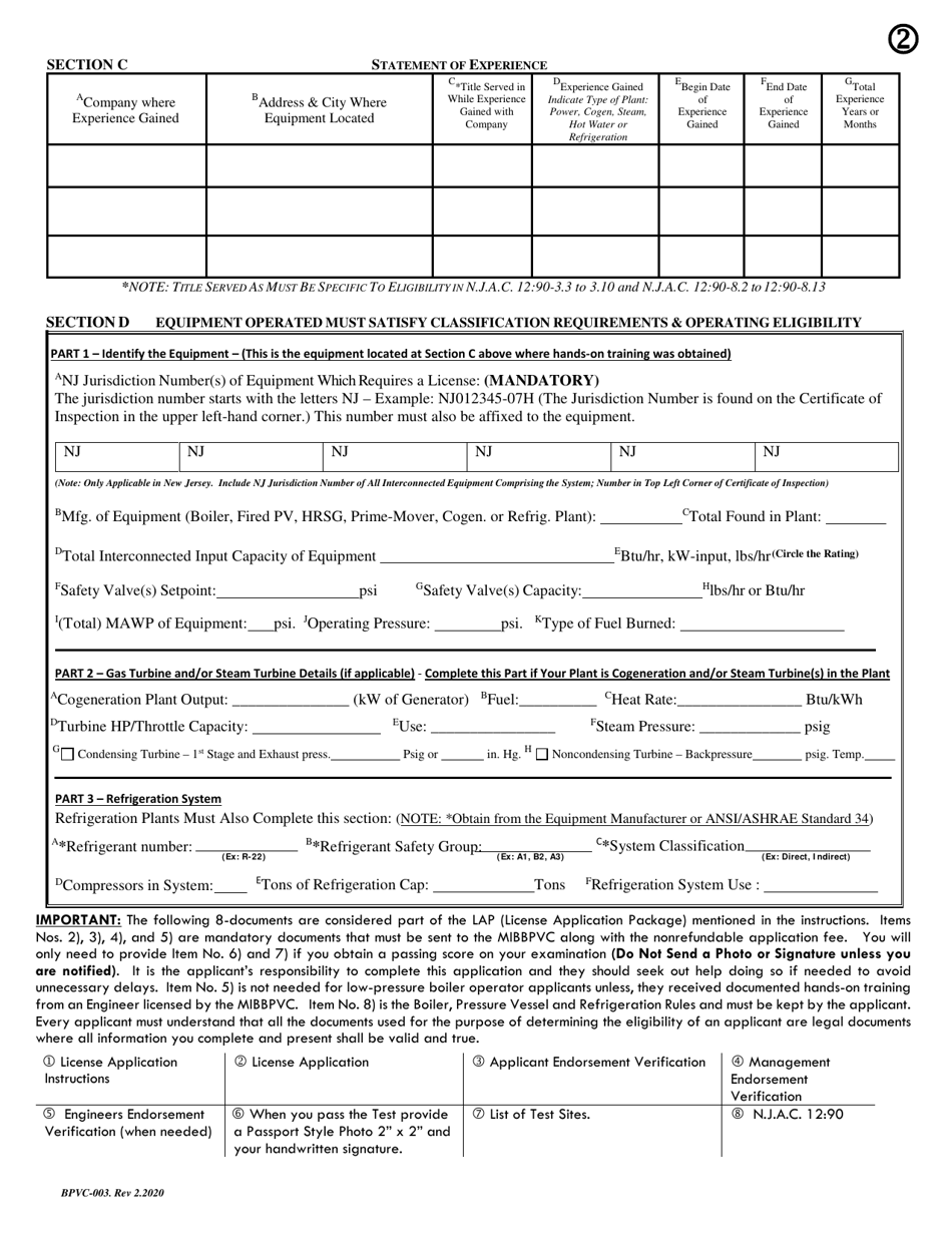 Form BPVC003 Download Printable PDF or Fill Online Application for