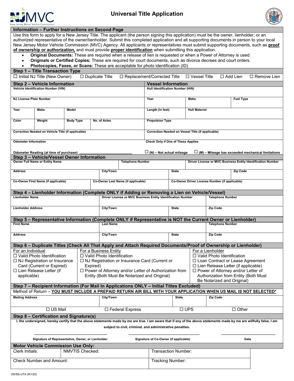 Form OS / SS-UTA Universal Title Application - New Jersey, Page 1