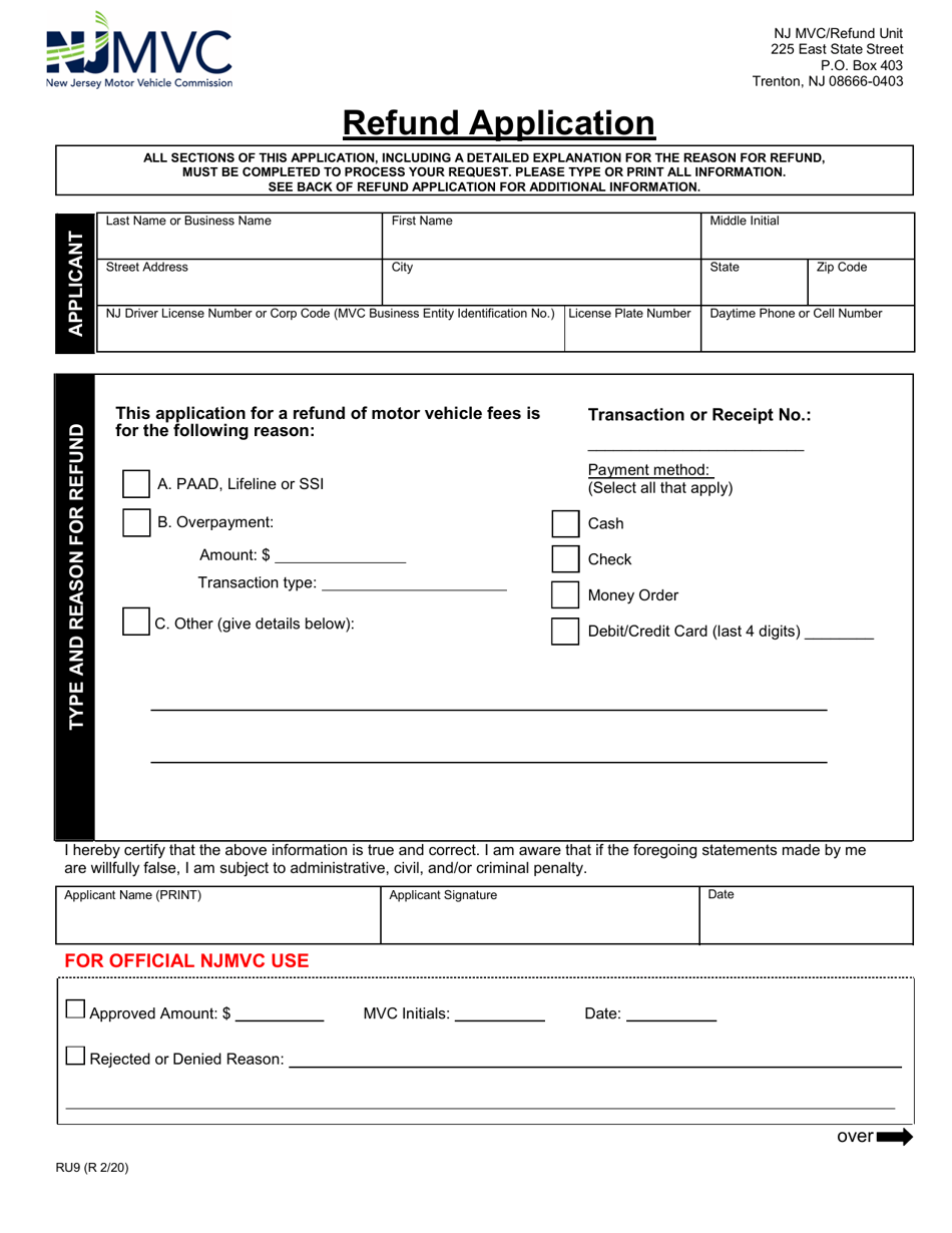 Form RU9 Refund Application - New Jersey, Page 1