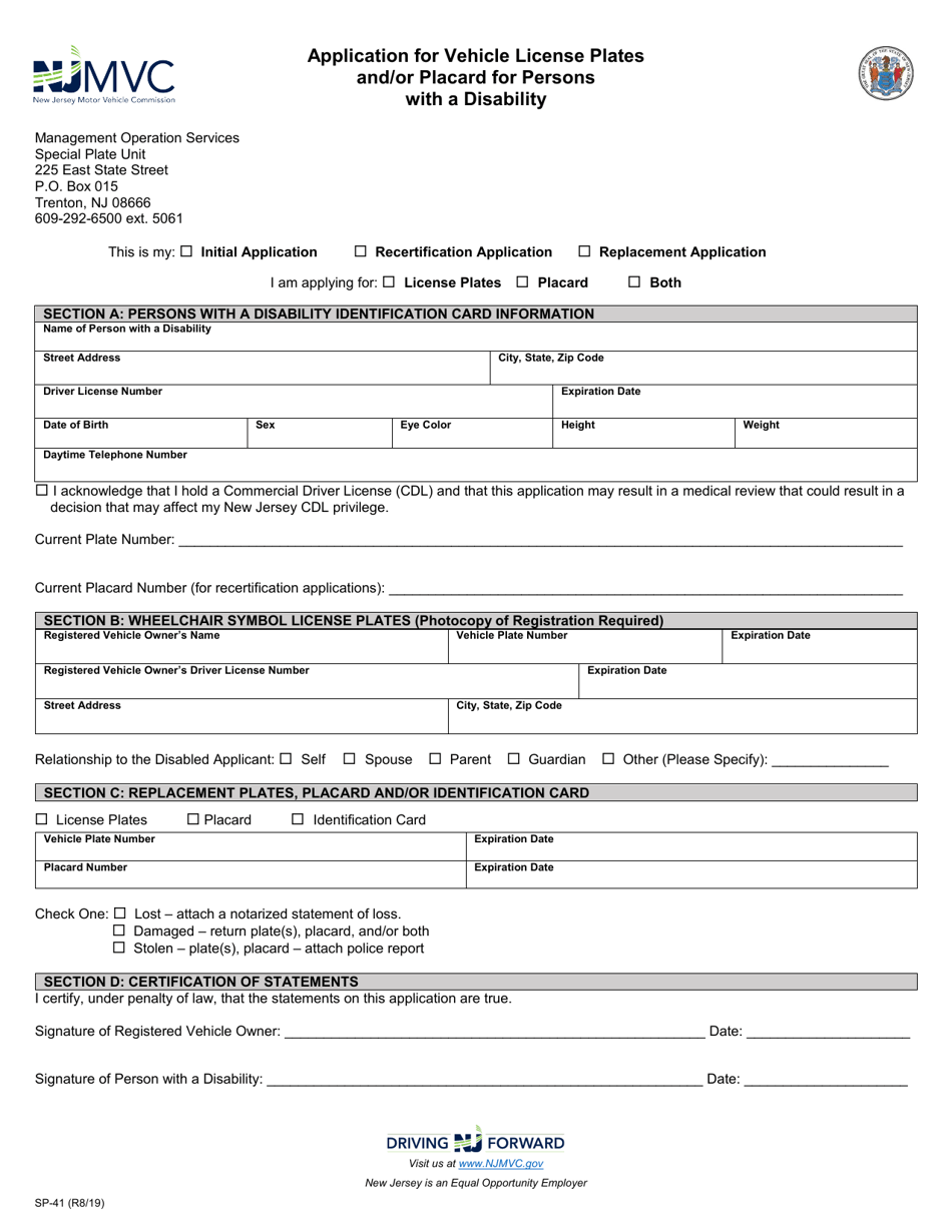 Form SP-41 Application for Vehicle License Plates and / or Placard for Persons With a Disability - New Jersey, Page 1