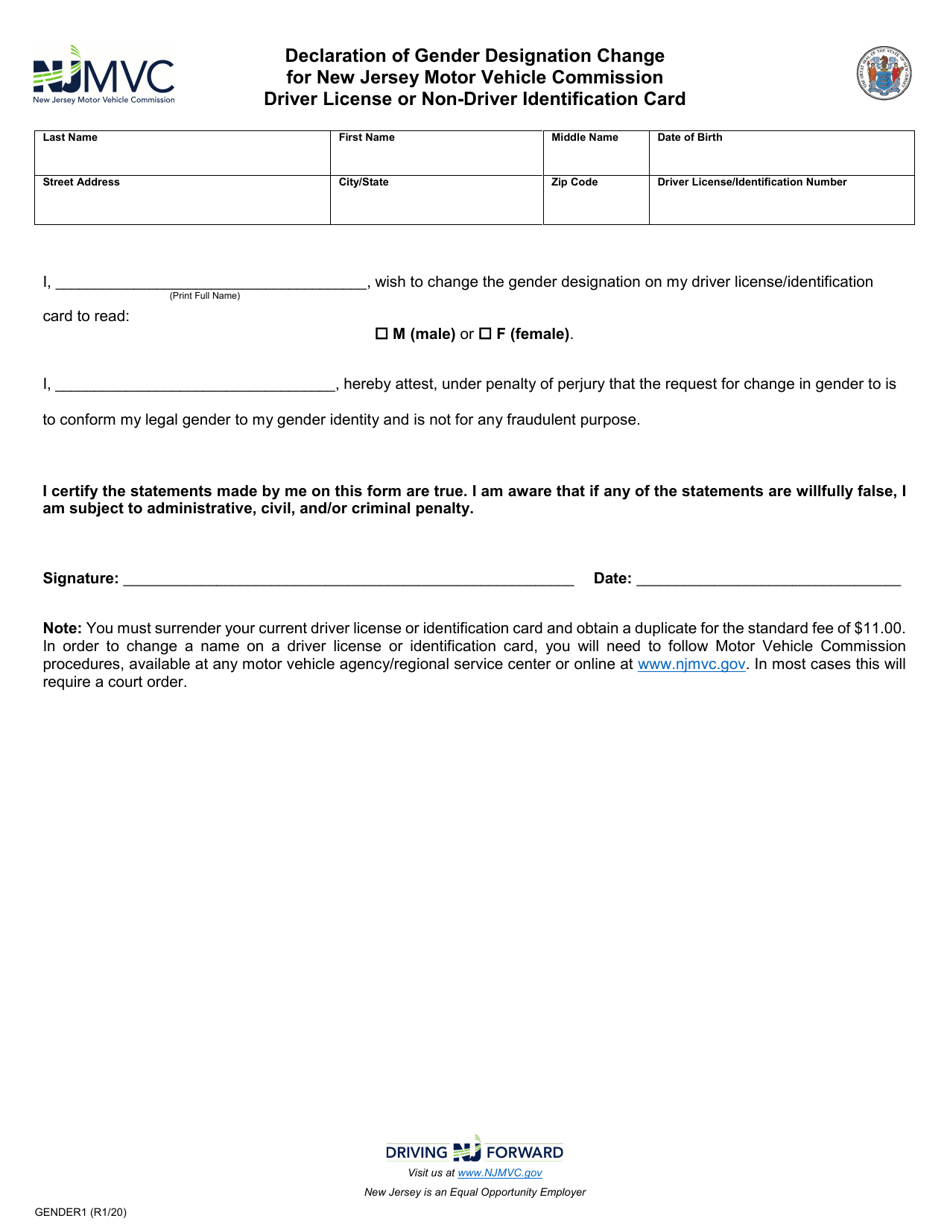 Form GENDER1 Declaration of Gender Designation Change for New Jersey Motor Vehicle Commission Driver License or Non-driver Identification Card - New Jersey, Page 1