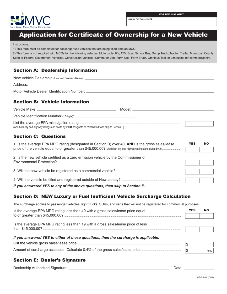 Form OS / SS-14 Application for Certificate of Ownership for a New Vehicle - New Jersey, Page 1
