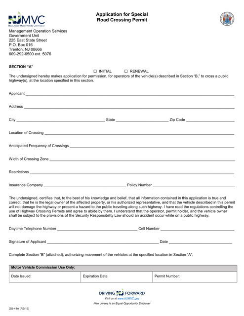 Form GU-41 Section A Application for Special Road Crossing Permit - New Jersey