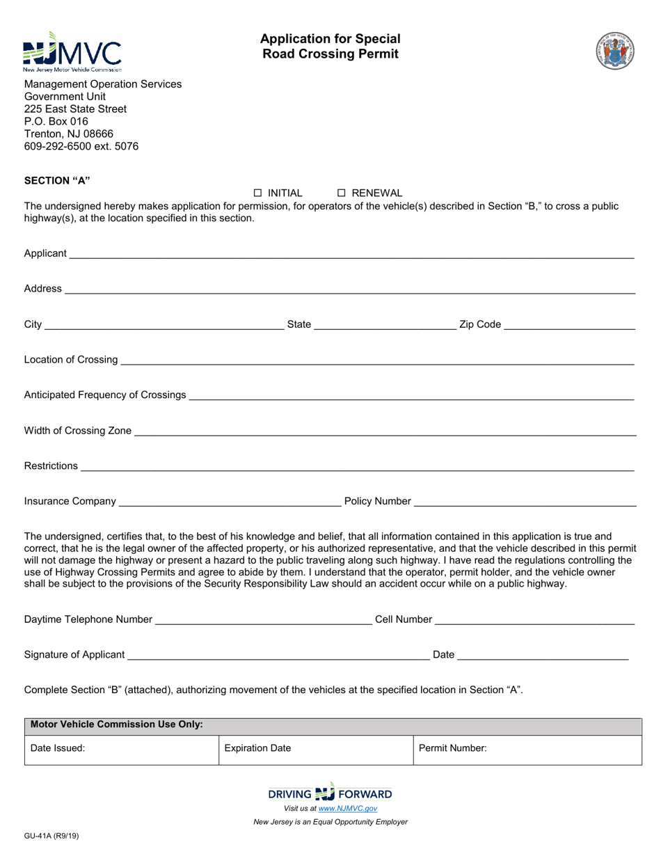 Form GU-41 Section A Application for Special Road Crossing Permit - New Jersey, Page 1