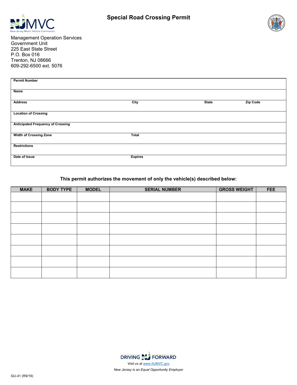 Form GU-41 Application for Special Road Crossing Permit - New Jersey, Page 1