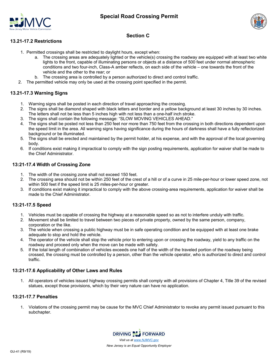 Form GU-41 Application for Special Road Crossing Permit - New Jersey, Page 3