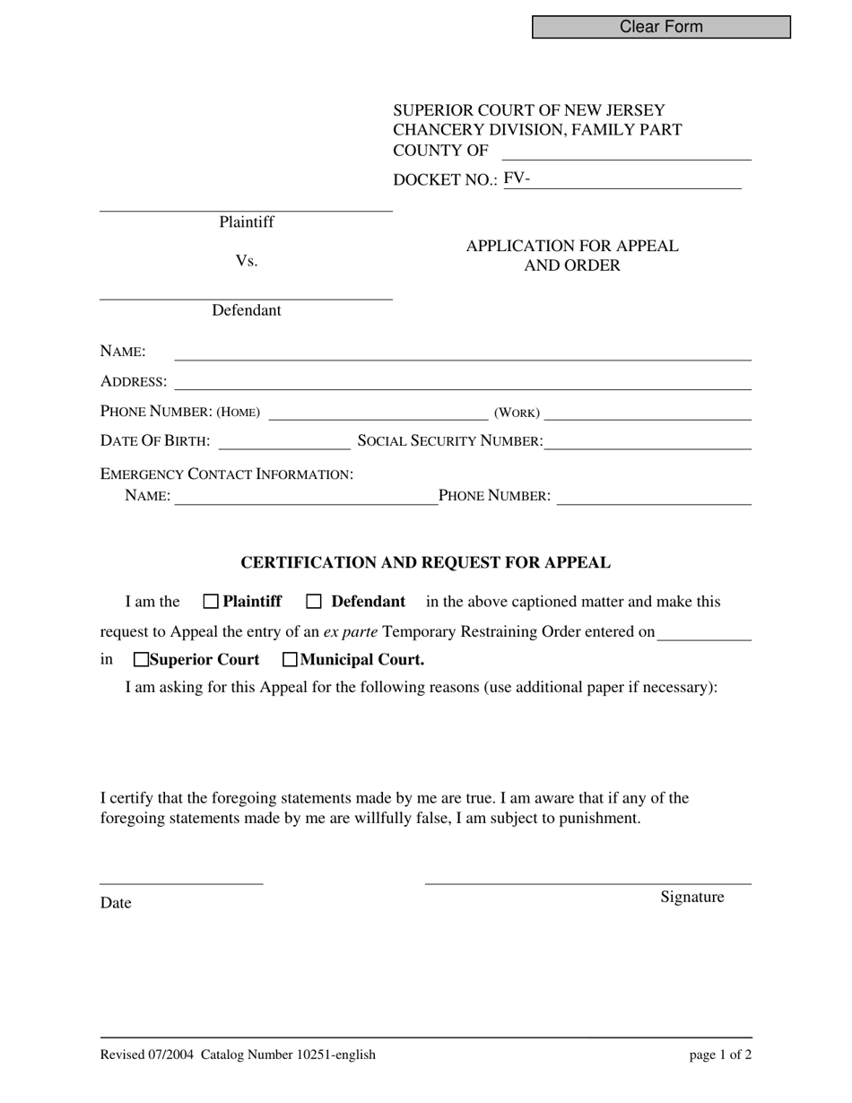 Form 10251 Application for Appeal and Order - New Jersey, Page 1