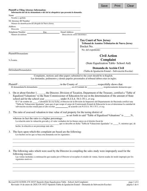 Form 10327 Civil Action Complaint (State Equalization Table - School Aid) - New Jersey (English/Spanish)