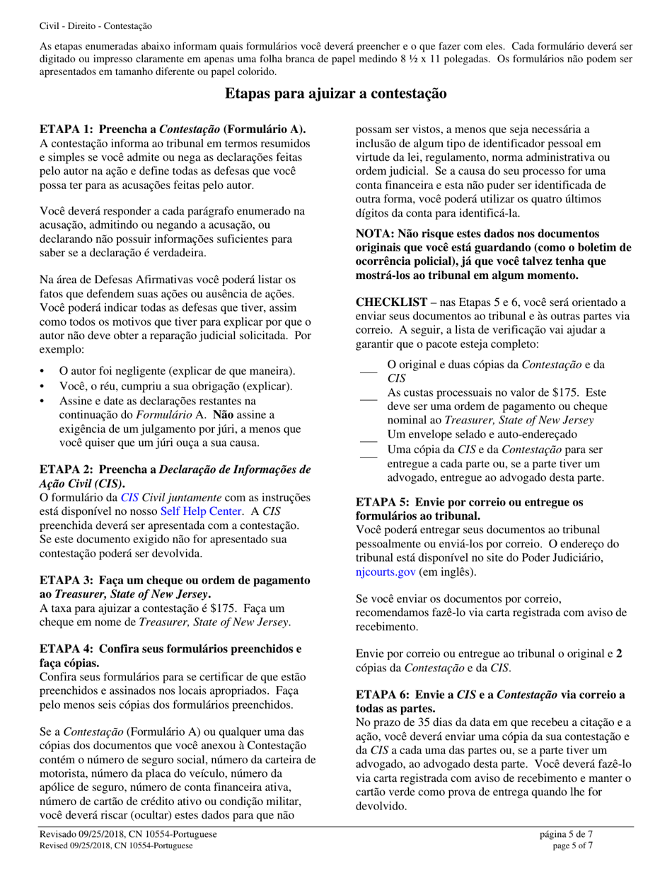 Form A (10554) Civil Action Answer - New Jersey (English / Portuguese), Page 5
