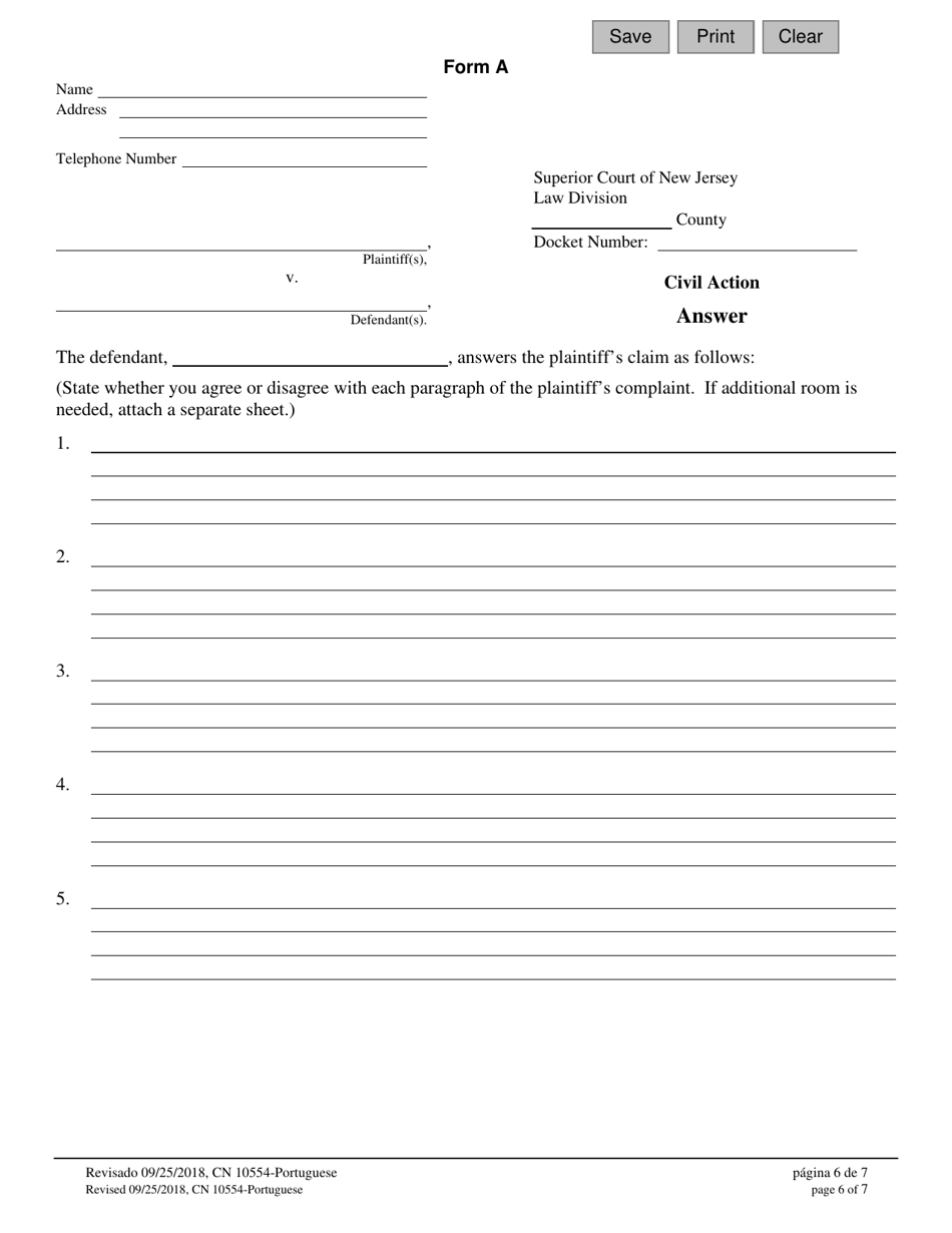 Form A (10554) Civil Action Answer - New Jersey (English / Portuguese), Page 6