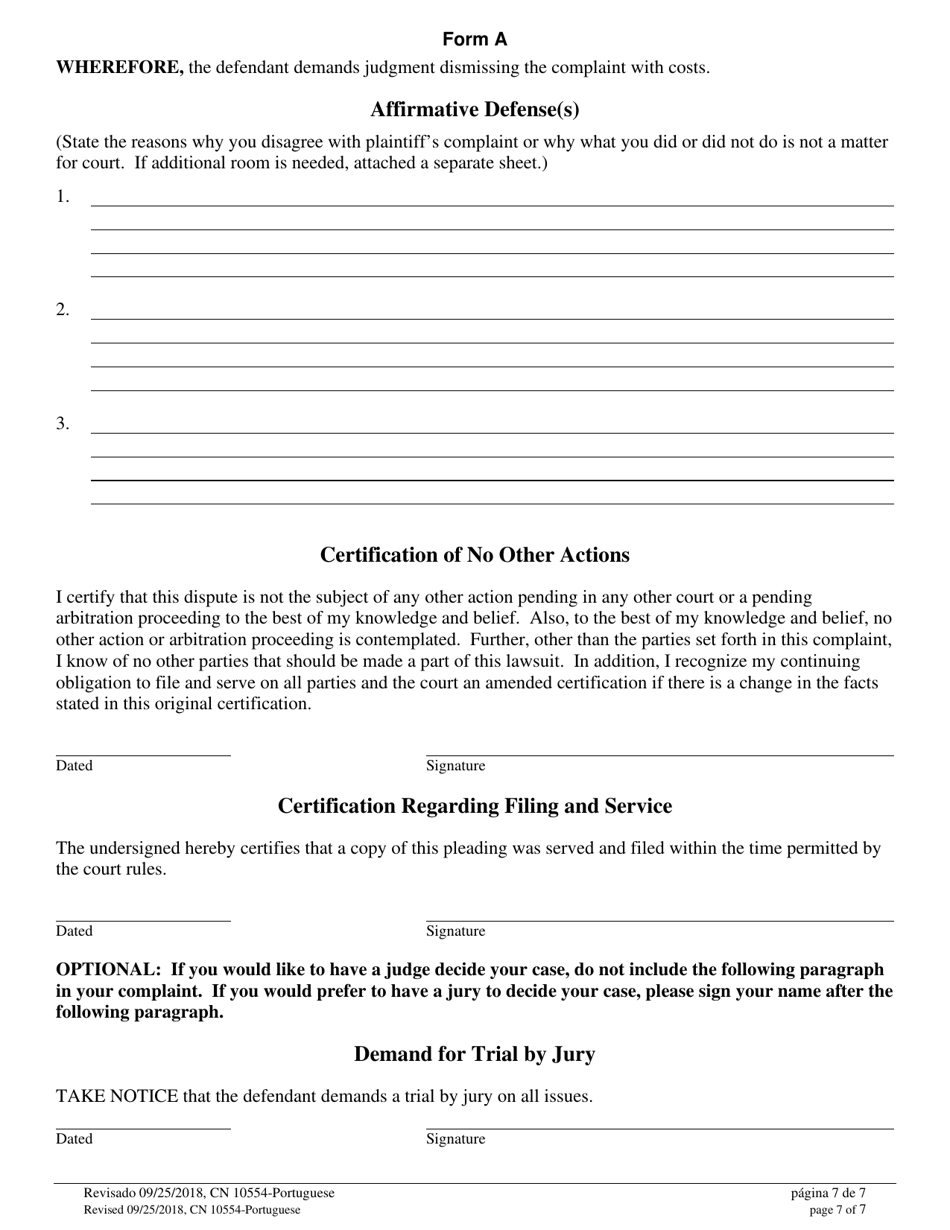 Form A (10554) Civil Action Answer - New Jersey (English / Portuguese), Page 7