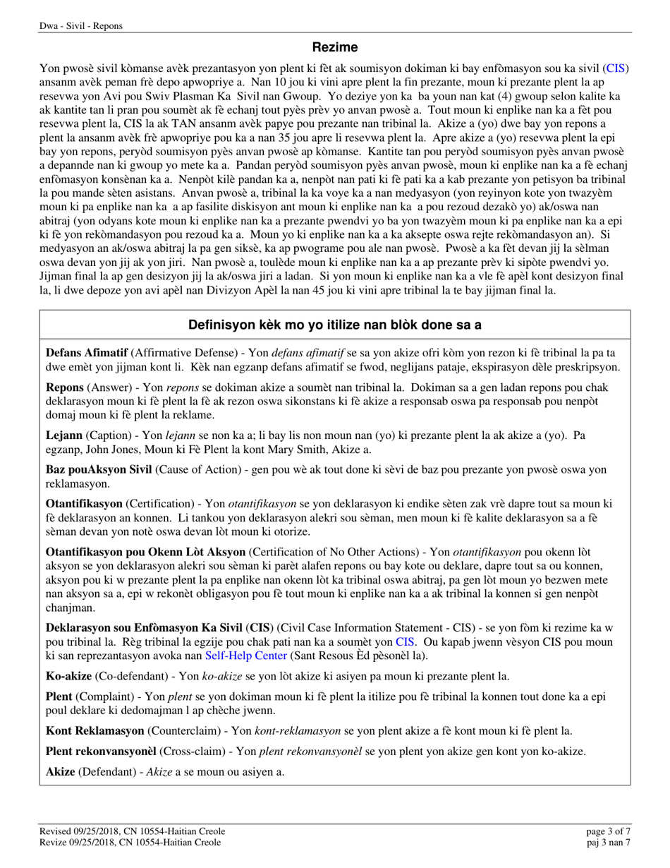 Form A (10554) Civil Action Answer - New Jersey (English / Haitian Creole), Page 3