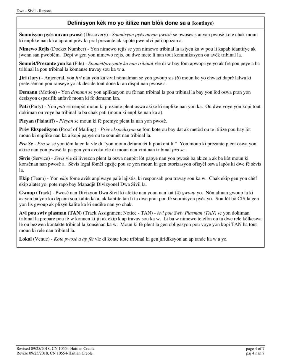 Form A (10554) Civil Action Answer - New Jersey (English / Haitian Creole), Page 4
