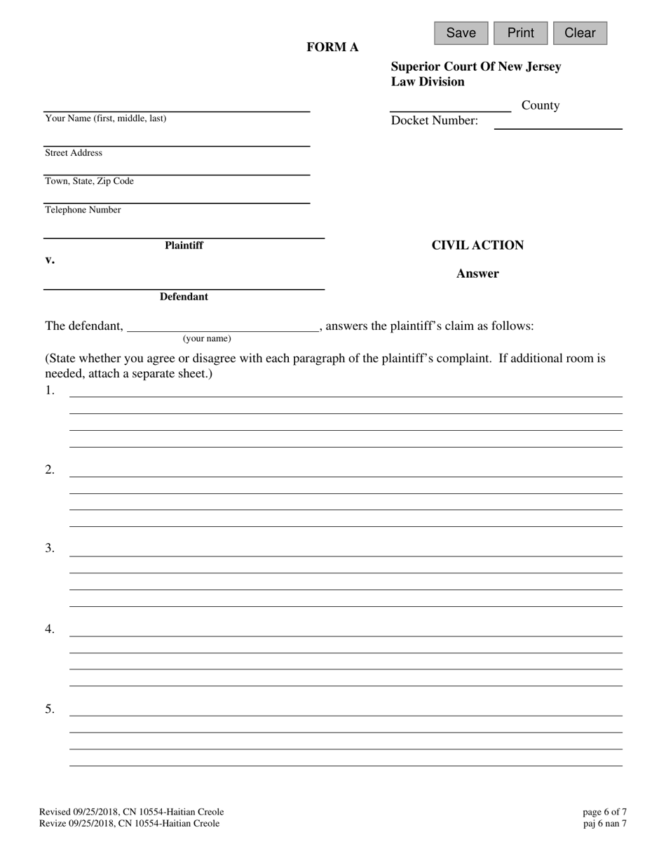 Form A (10554) Civil Action Answer - New Jersey (English / Haitian Creole), Page 6