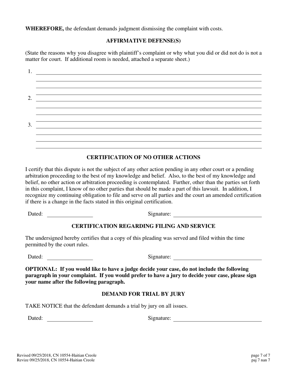 Form A (10554) Civil Action Answer - New Jersey (English / Haitian Creole), Page 7