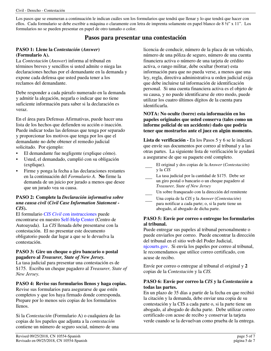 Form A (10554) Civil Action Answer - New Jersey (English / Spanish), Page 5