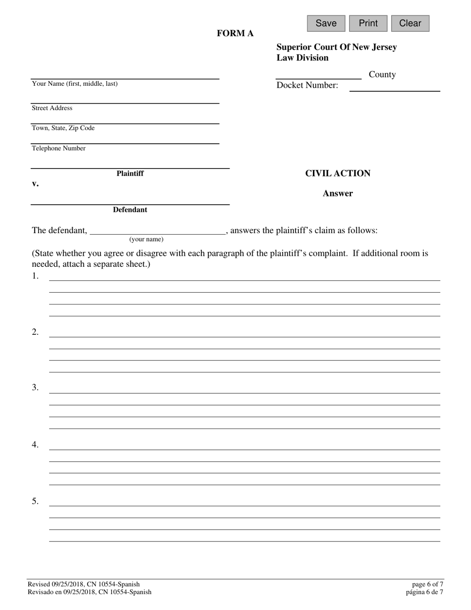 Form A (10554) Civil Action Answer - New Jersey (English / Spanish), Page 6