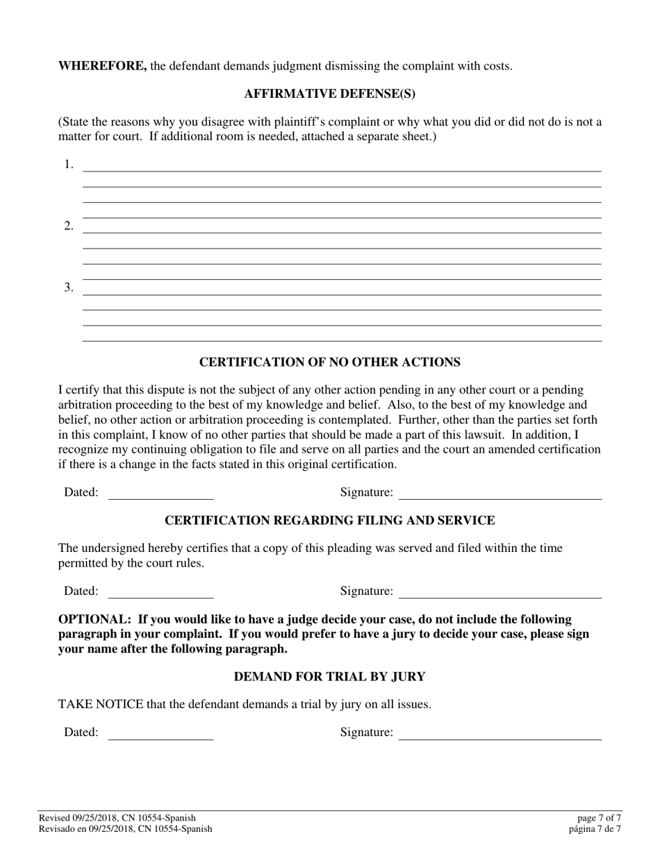 Form A (10554) Civil Action Answer - New Jersey (English / Spanish), Page 7