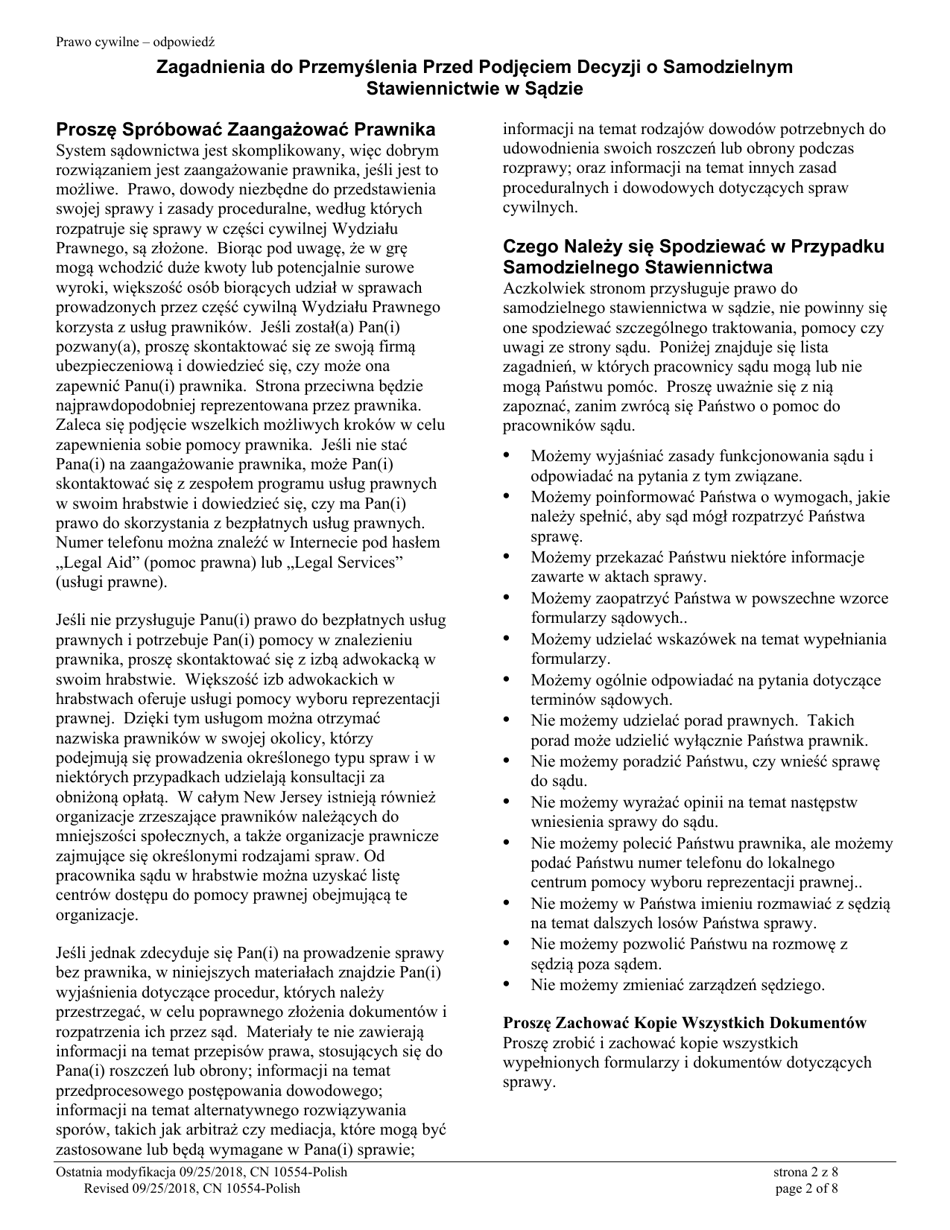 Form A (10554) Civil Action Answer - New Jersey (English / Polish), Page 2
