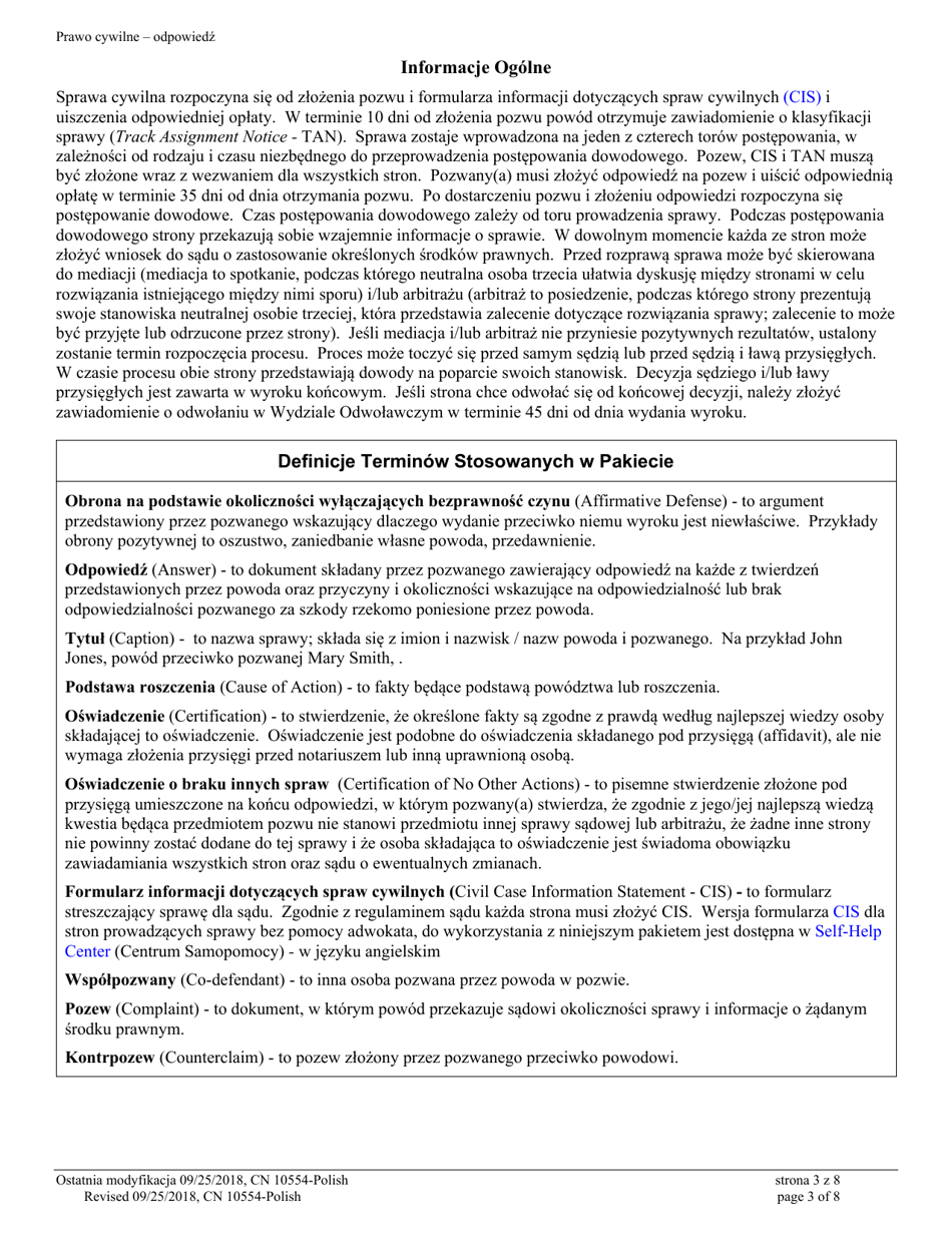 Form A (10554) Civil Action Answer - New Jersey (English / Polish), Page 3