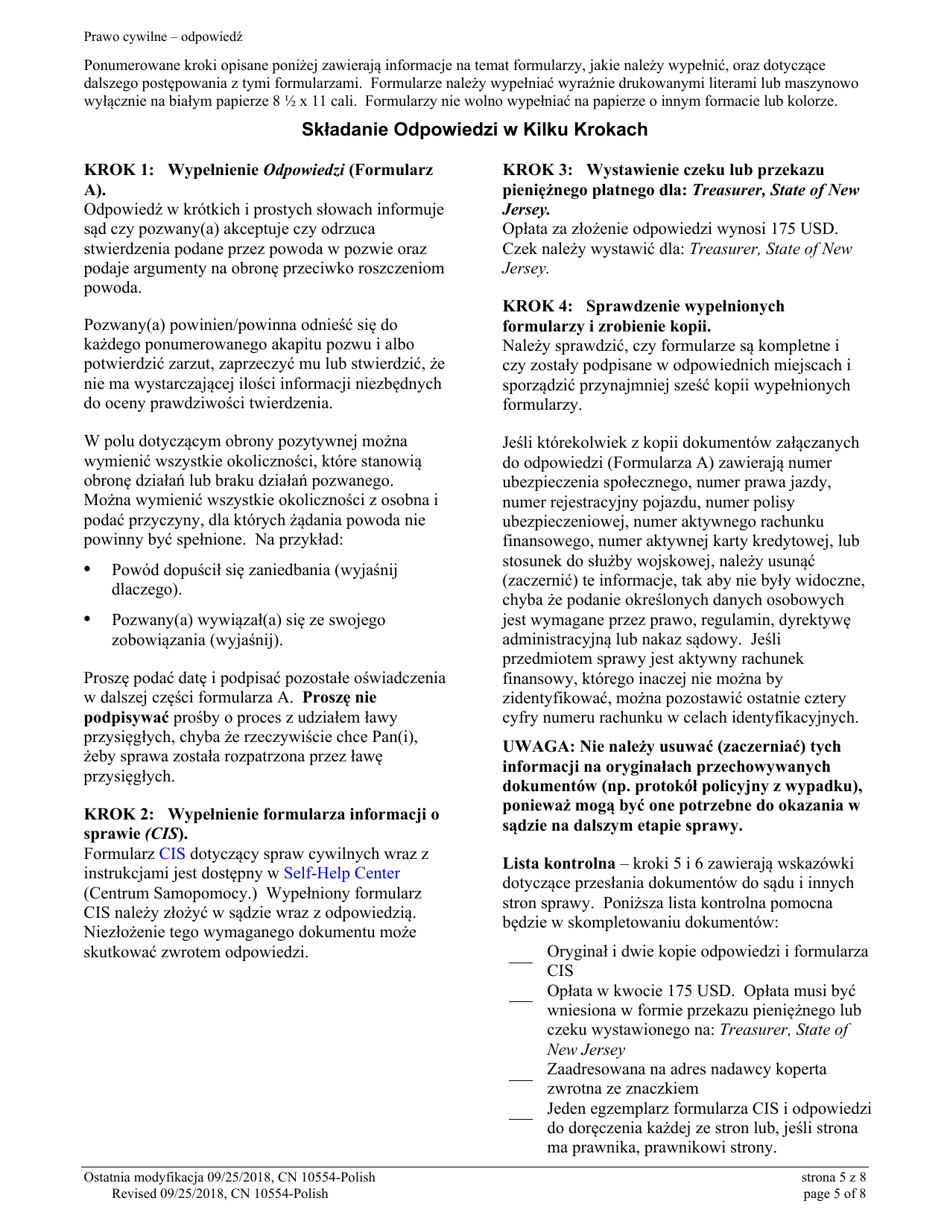 Form A (10554) Civil Action Answer - New Jersey (English / Polish), Page 5