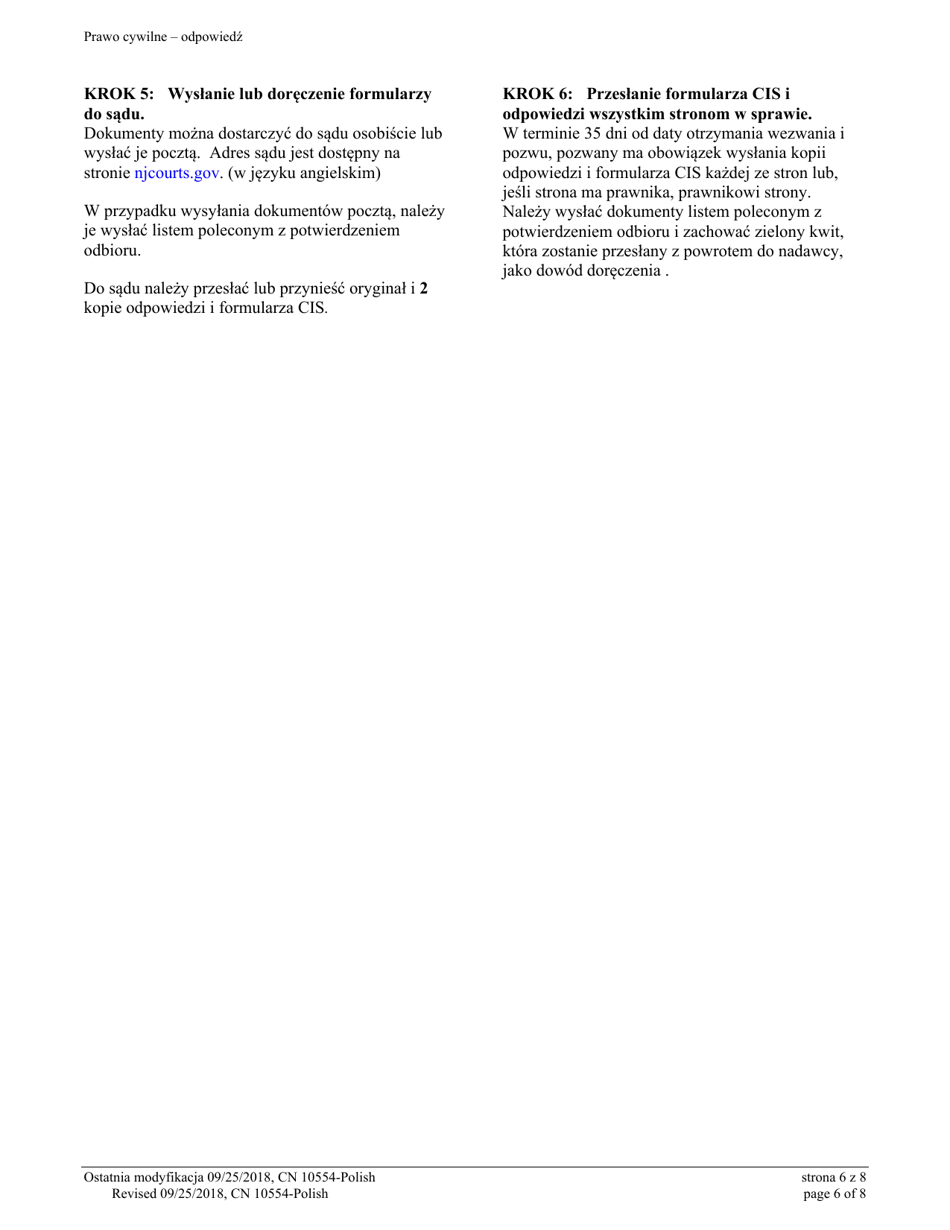 Form A (10554) Civil Action Answer - New Jersey (English / Polish), Page 6