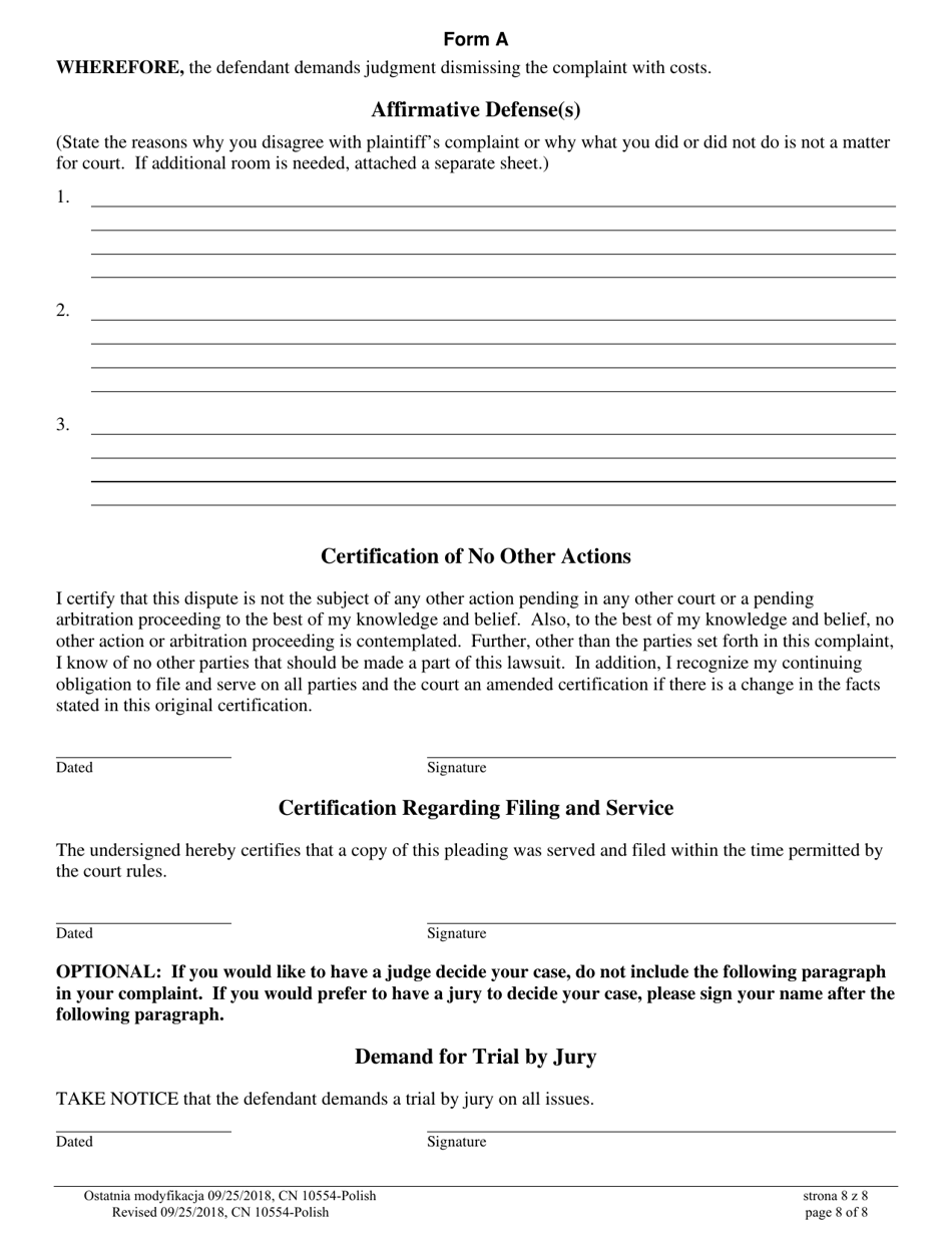 Form A (10554) Civil Action Answer - New Jersey (English / Polish), Page 8