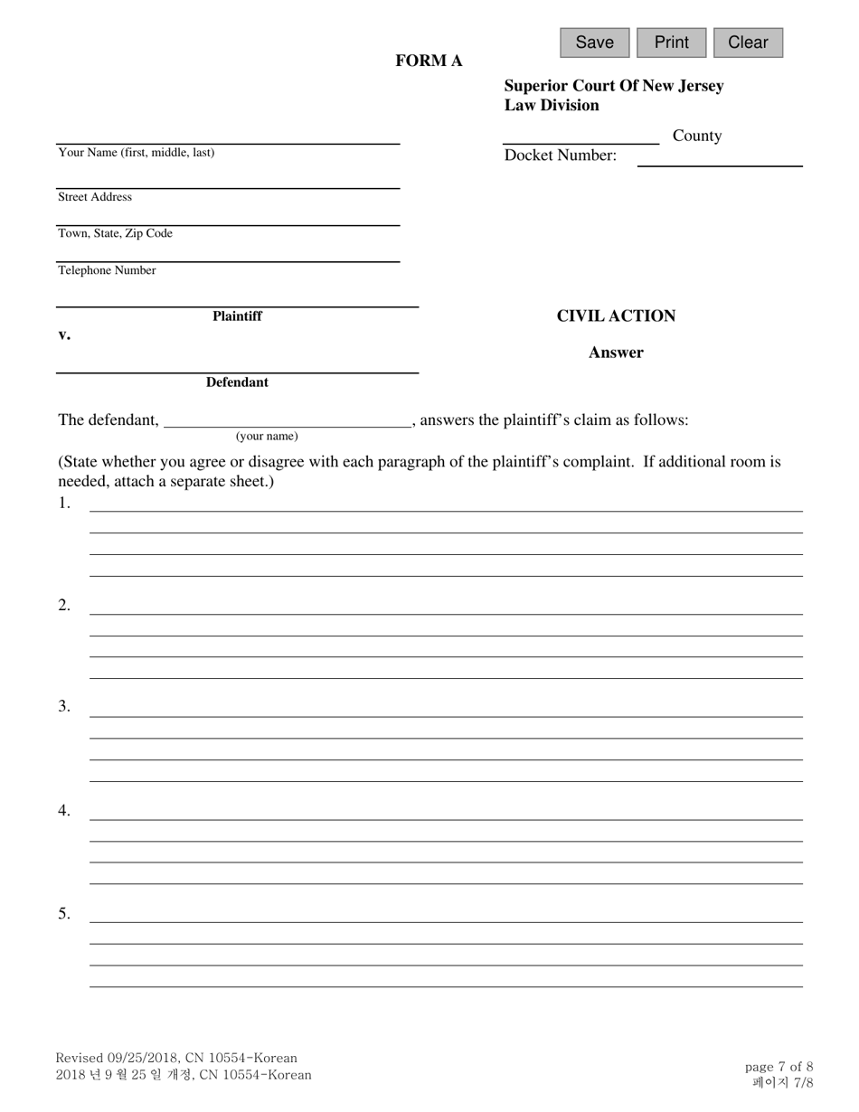 Form 10554 (A) Civil Action Answer - New Jersey (English / Korean), Page 7