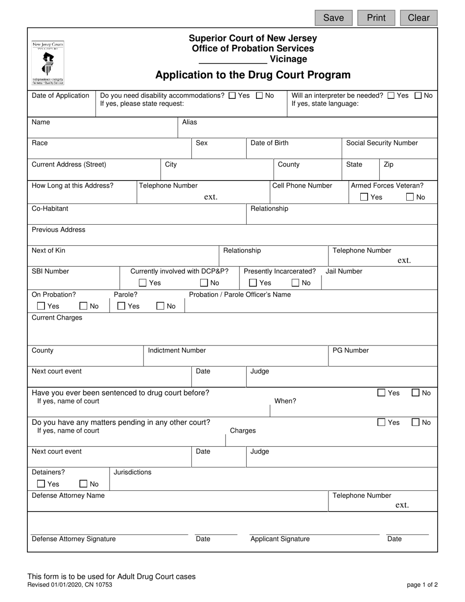 Form 10753 Application to the Drug Court Program - New Jersey, Page 1