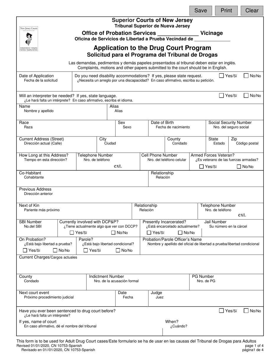 Form 10753 Application to the Drug Court Program - New Jersey (English / Spanish), Page 1