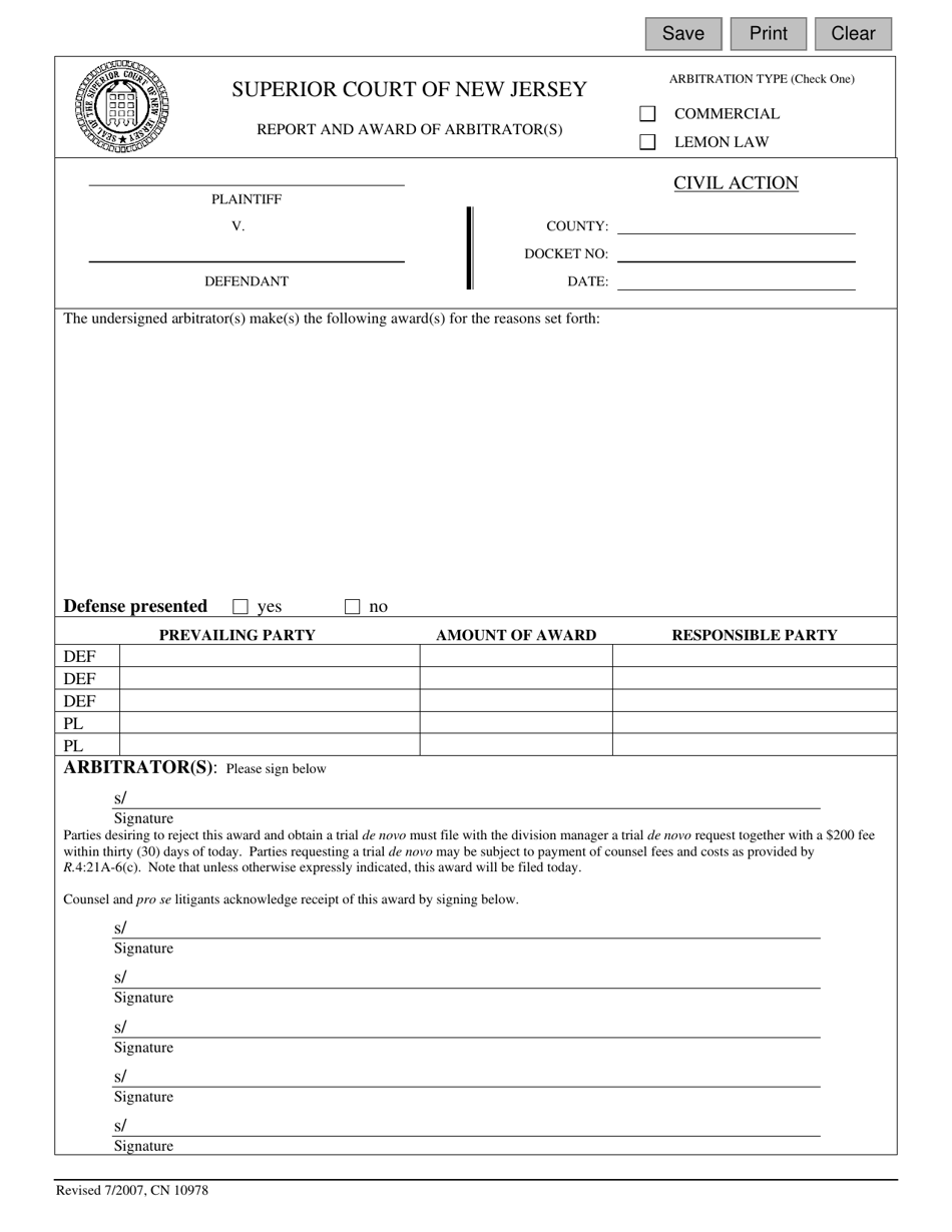 Form 10978 Report and Award of Arbitrator(S) - New Jersey, Page 1